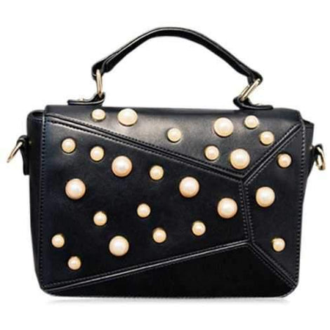 Elegant Faux Pearl and PU Leather Design Tote Bag For Women - Black
