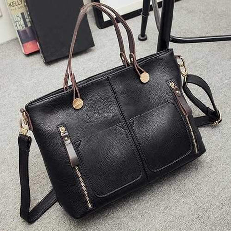 Multi Zips PU Leather Handbag - Black