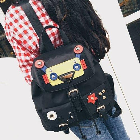 Buckle Straps Robot Nylon Backpack - Black