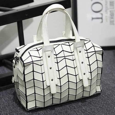 Metallic Zipper Closure Geometric Pattern Tote Bag - White