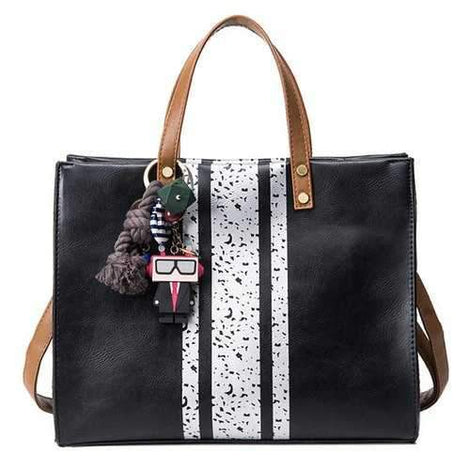 Stripes Pendant PU Leather Handbag - Black