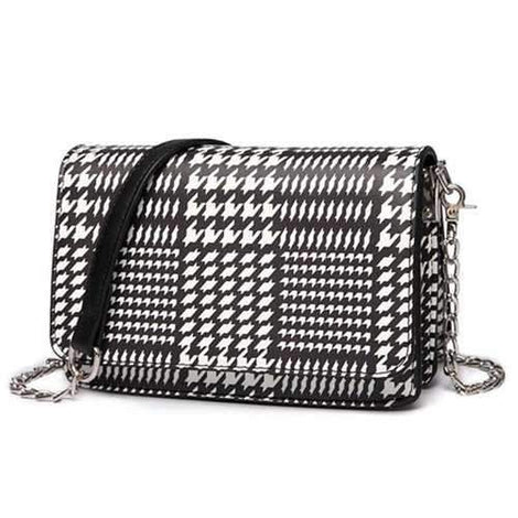 Houndstooth Chain Crossbody Bag - Black