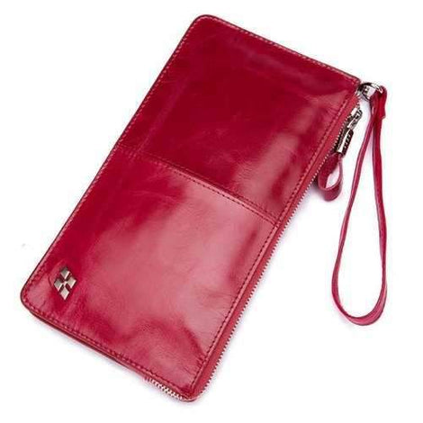 HAUT TON Women Wallet Genuine Leather Zip Clutch Checkbook Purse with Wrist Strap - Rose Red
