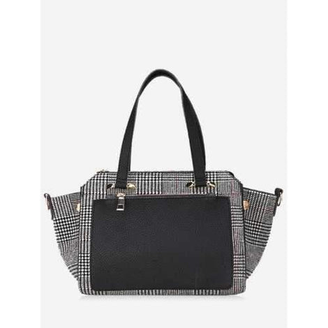 Color Block Plaid Handbag With Strap - Black