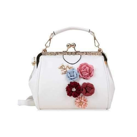 Flowers Metallic PU Leather Crossbody Bag - White
