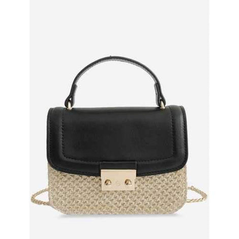 Straw Patchwork Chain Crossbody Bag - Black