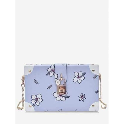 Box Shaped Flower Print Metal Chain Crossbody Bag - Blue Gray