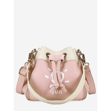 Contrasting Color String Bucket Shaped Crossbody Bag - Light Pink