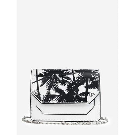 Flapped Print Metal Chain Chic Crossbody Bag - White