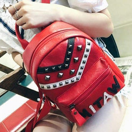 Metal Rivets PU Leather Letter Pattern Backpack - Red