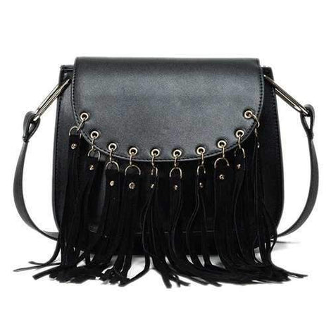 Eyelet Fringe PU Leather Bag - Black