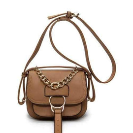 Metal Ring Chain PU Leather Crossbody Bag - Brown