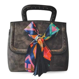 Rivet Ribbon Tassels Handbag - Gray