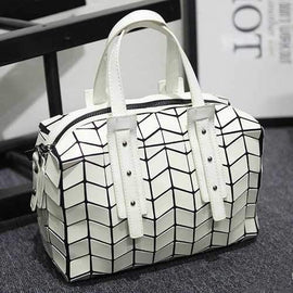 Metallic Zipper Closure Geometric Pattern Tote Bag - White