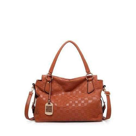 Embossing Plaid Pattern Metal Tote Bag - Brown