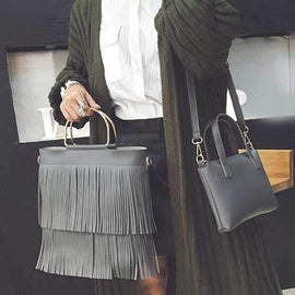 PU Leather Multilayer Fringe Metal Tote Bag - Deep Gray