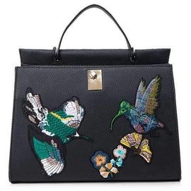 Textured PU Leather Embroidered Tote - Black