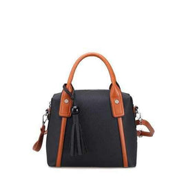 Textured Leather Tassels Color Spliced Tote Bag - Black