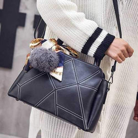 PU Leather Geometric Pattern Stitching Tote Bag - Black
