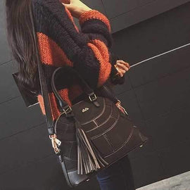 Patch PU Leather Tassel Tote - Black