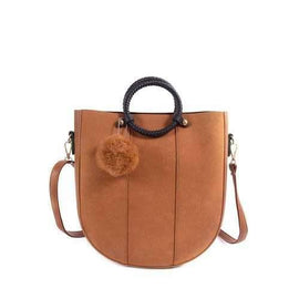 PU Leather Pompon Metal Tote Bag - Light Brown