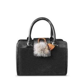 Suede Panel Pompon PU Leather Handbag - Gray