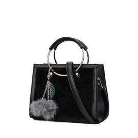 Faux Fur Metal Ring Pompon Panel Handbag - Black