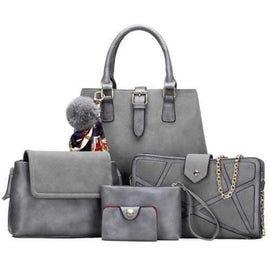 Scarf Pompon Suede 5 Pieces Handbag Set - Gray