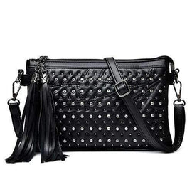 Tassel Rhinestone Rivet Crossbody Bag - Black