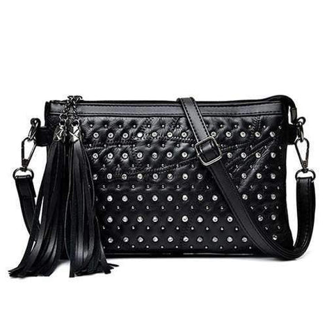 Tassel Rhinestone Rivet Crossbody Bag - Black