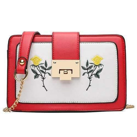 Chain Strap Flower Embroidered Crossbody Bag - Red