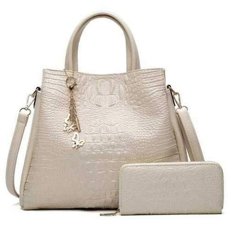 Crocodile Embossed Handbag and Wallet - White