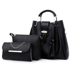 3 Pieces Tassel Tote Bag Set - Black