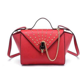 Rivet Lipstick Leather Shoulder Bag Cross Chain Lock Wing Satchel - Red