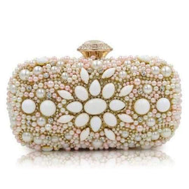 Faux Pearl Rhinestone Evening Bag With Chain - White