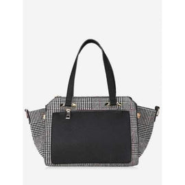 Color Block Plaid Handbag With Strap - Black