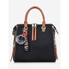 Letter Pompom Zip Faux Leather Handbag - Black