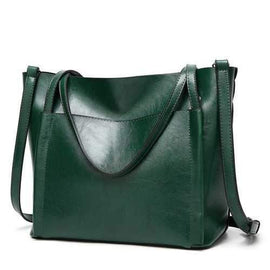 Ladies Classic Wild Wax Leather Tote Shoulder Bag - Dark Green