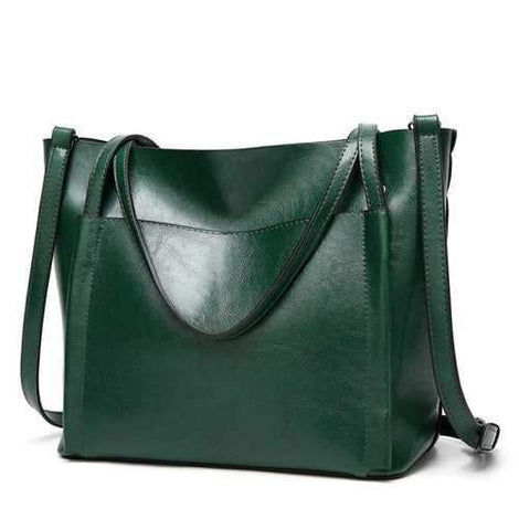 Ladies Classic Wild Wax Leather Tote Shoulder Bag - Dark Green