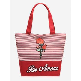 Striped Roses Embroidery Tote Bag - Red