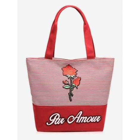 Striped Roses Embroidery Tote Bag - Red