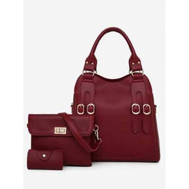 3 Pieces Hand Bag Crossbody Bag and Card Bag - Red Wine