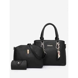 3 Pieces PU Leather Chic Metallic Pendant Tote Bag Set - Black