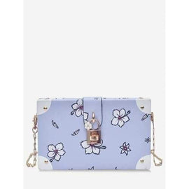 Box Shaped Flower Print Metal Chain Crossbody Bag - Blue Gray