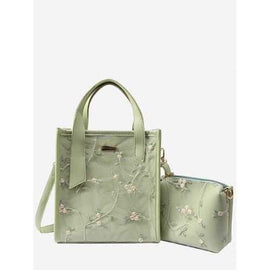 2 Pieces Chic Lace Flower Embroidery Tote Bag Set - Green