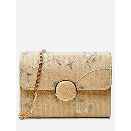 Flower Leisure Flap Straw Crossbody Bag - Light Khaki