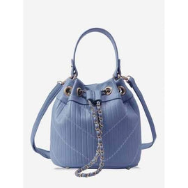 PU Leather Striped Stitches String Handbag - Blue