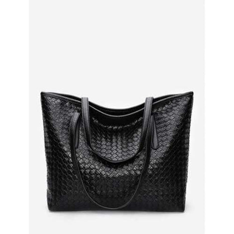 PU Leather Minimalist Braid Shoulder Bag - Black