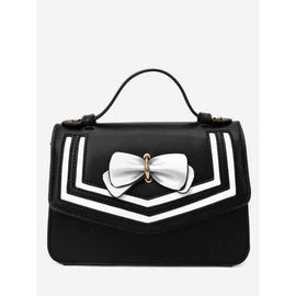 Bowknot Striped Chic Flapped Handbag - Black