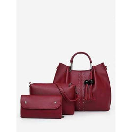 3 Pieces Tassels Studs Beading Chic Tote Bag Set - Red Wine